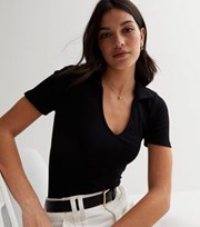 New Look Black Ribbed Polo Top